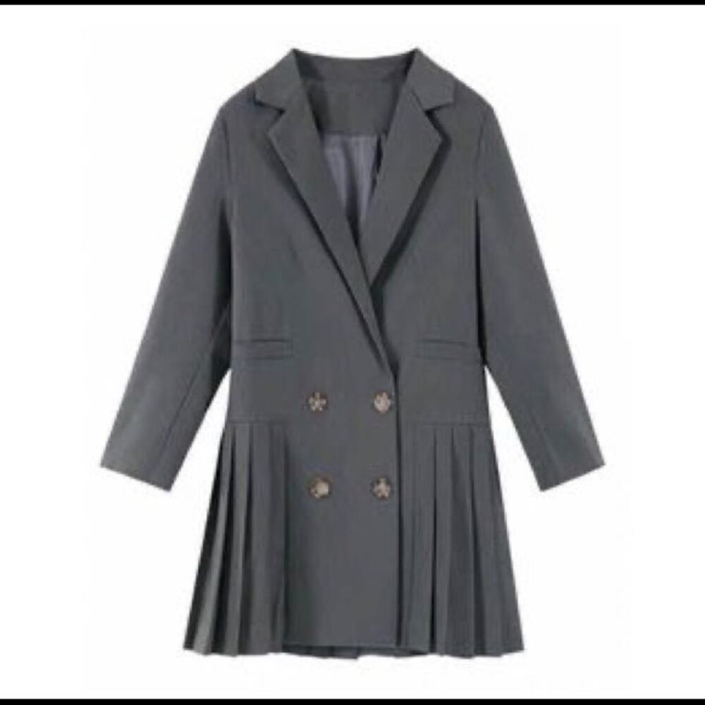 New Women Gray Notch Collar Solid Double Breasted Long Sleeve A-line Plead dress